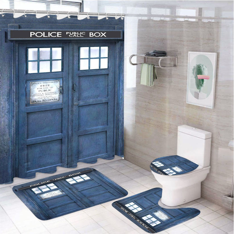 Tardis Box 4Pcs Bathroom Non-Slip Rugs Shower Curtain Fabric Waterproof
