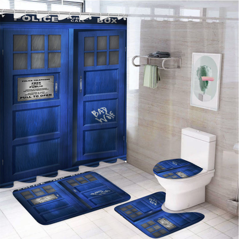 Tardis Box Bad Wolf 4Pcs Bathroom Non-Slip Rugs Shower Curtain Fabric Waterproof