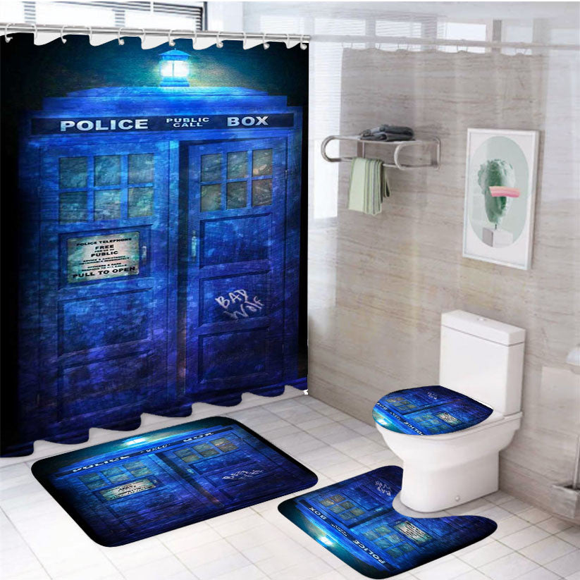 Tardis Concept Blue Galaxy 4Pcs Bathroom Non-Slip Rugs Shower Curtain Fabric Waterproof