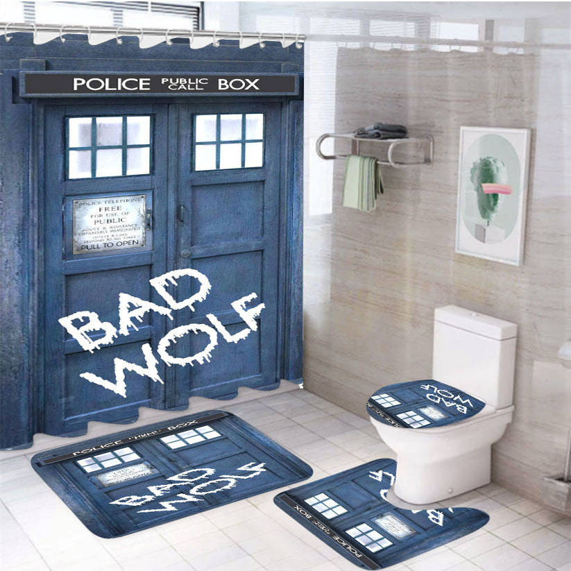 Tardis Dr Who Bad Wolf 4Pcs Bathroom Non-Slip Rugs Shower Curtain Fabric Waterproof