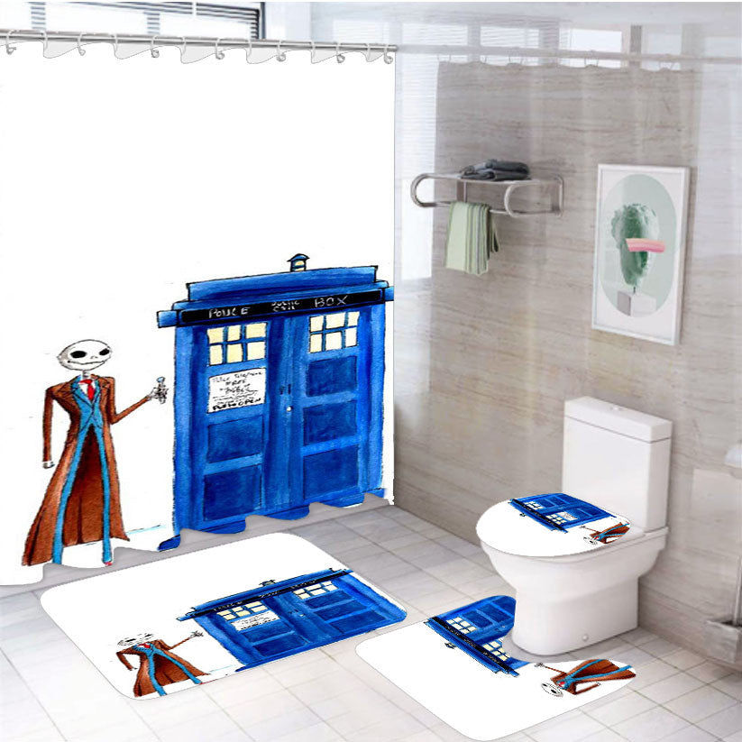 Tardis Jack Skellington 4Pcs Bathroom Non-Slip Rugs Shower Curtain Fabric Waterproof