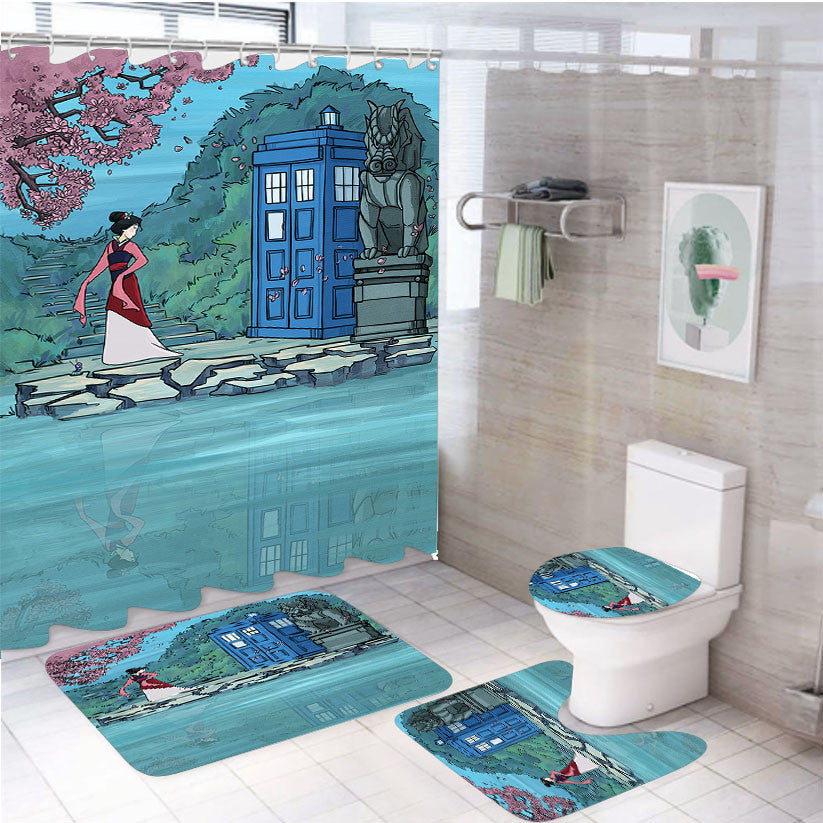 Tardis Mulan 4Pcs Bathroom Non-Slip Rugs Shower Curtain Fabric Waterproof