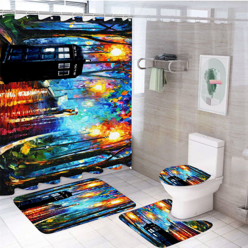 Tardis Painting 4Pcs Bathroom Non-Slip Rugs Shower Curtain Fabric Waterproof