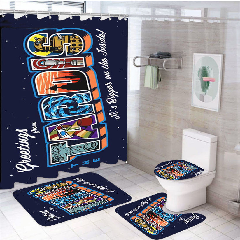 Tardis Postcard 4Pcs Bathroom Non-Slip Rugs Shower Curtain Fabric Waterproof