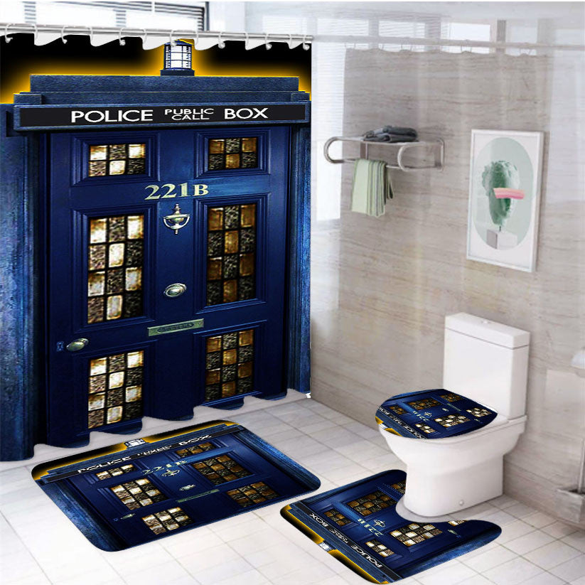 Tardis Sherlock Holmes 4Pcs Bathroom Non-Slip Rugs Shower Curtain Fabric Waterproof