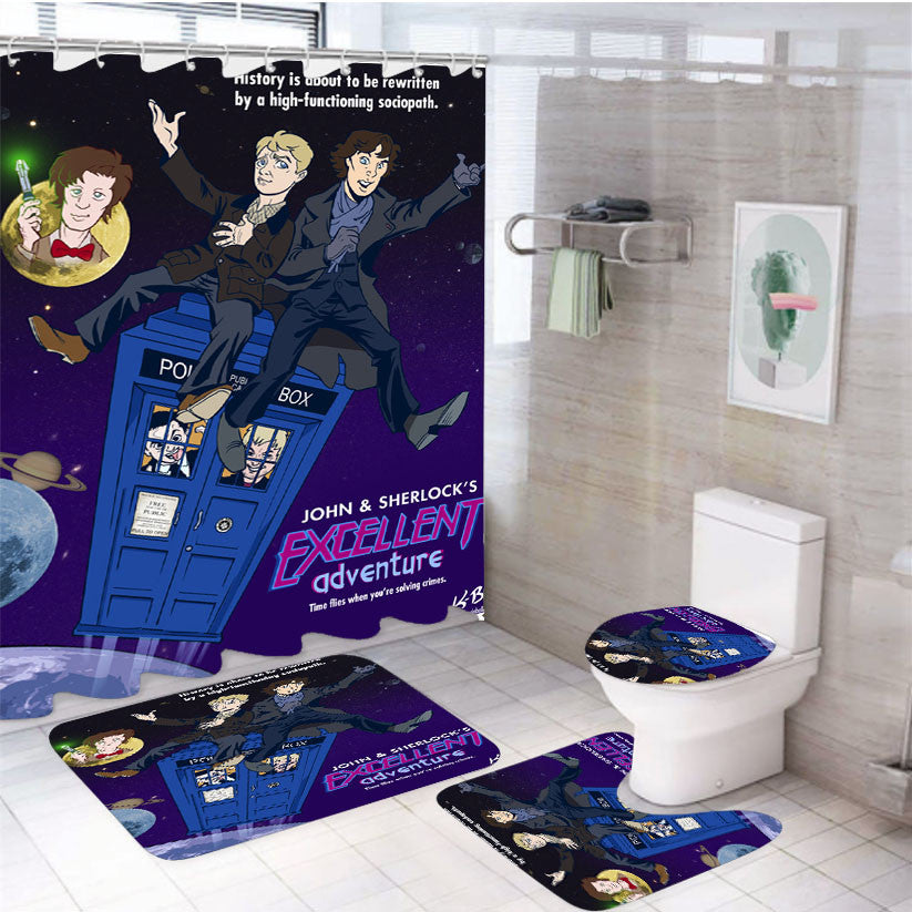 Tardis Sherlock John 4Pcs Bathroom Non-Slip Rugs Shower Curtain Fabric Waterproof