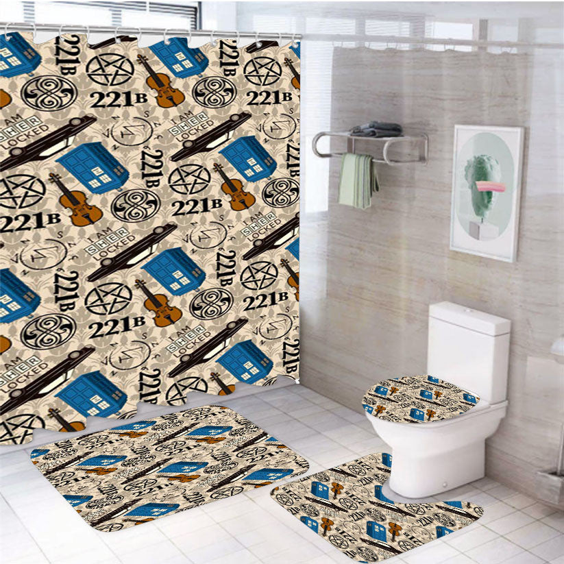Tardis Sherlock Pattern 4Pcs Bathroom Non-Slip Rugs Shower Curtain Fabric Waterproof