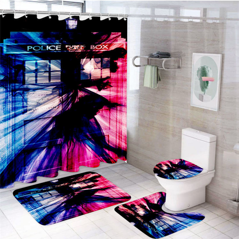 Tardis Smoke Art Colour 4Pcs Bathroom Non-Slip Rugs Shower Curtain Fabric Waterproof