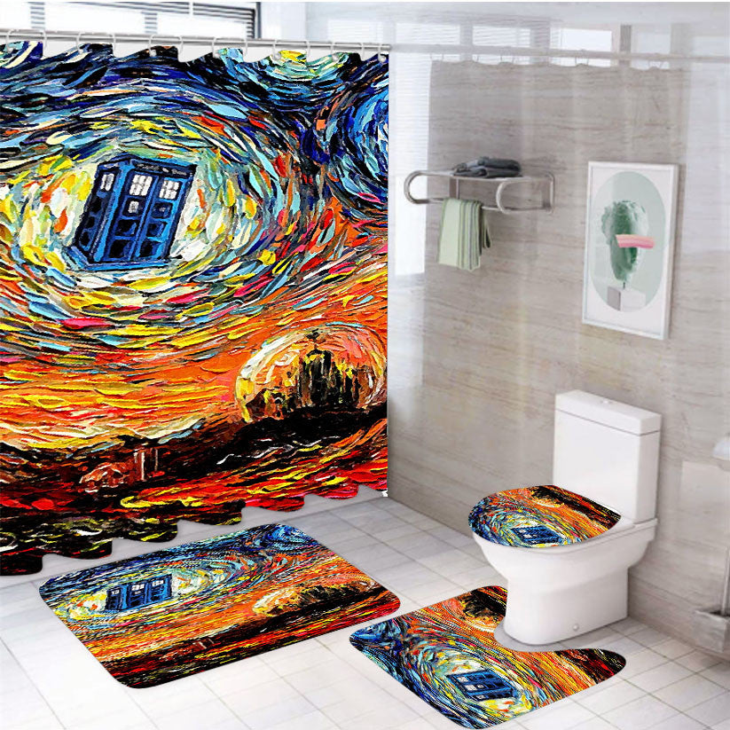 Tardis Starry Night 4Pcs Bathroom Non-Slip Rugs Shower Curtain Fabric Waterproof