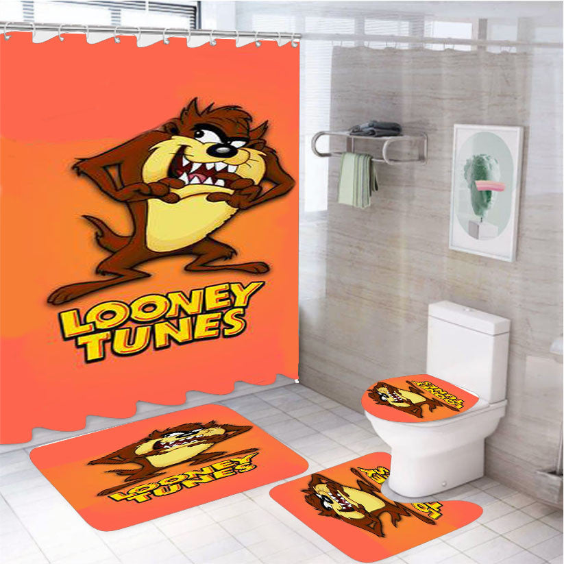 Tazmania Looney Tunes Cartoon 4Pcs Bathroom Non-Slip Rugs Shower Curtain Fabric Waterproof