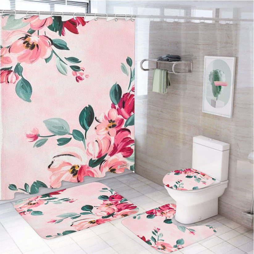 Tea 4Pcs Bathroom Non-Slip Rugs Shower Curtain Fabric Waterproof