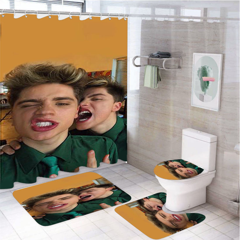 Team 10 Beautifull Snow Blue 4Pcs Bathroom Non-Slip Rugs Shower Curtain Fabric Waterproof