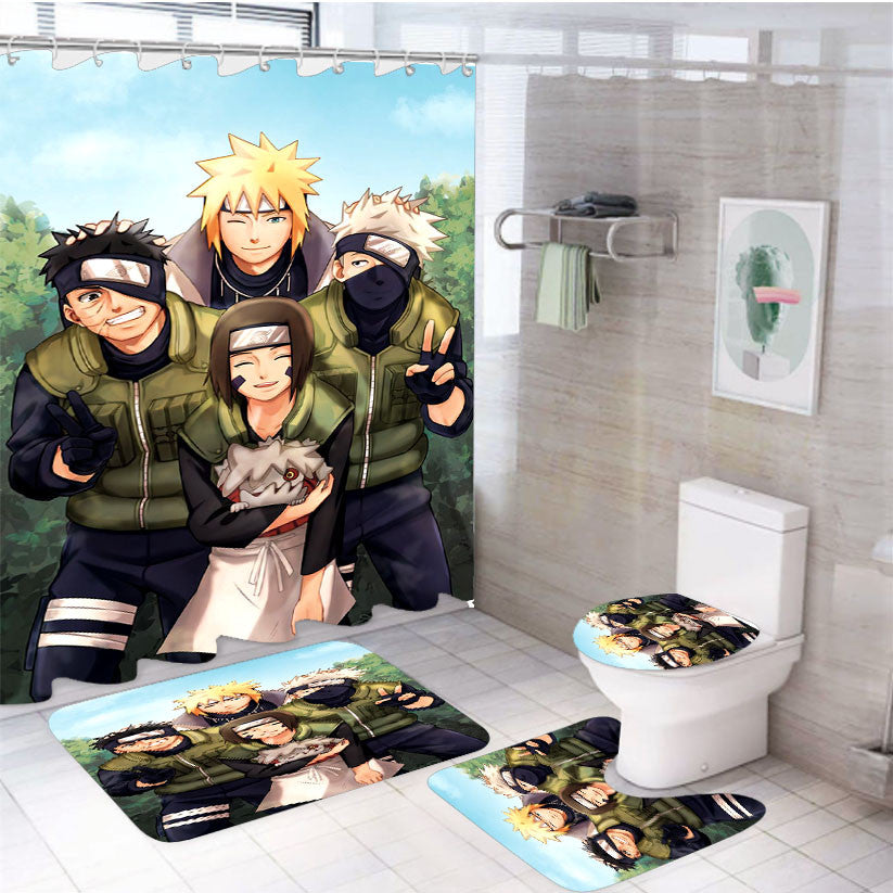 Team Minato Naruto 4Pcs Bathroom Non-Slip Rugs Shower Curtain Fabric Waterproof