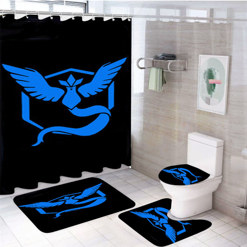 Team Mystic Pokemon Go 4Pcs Bathroom Non-Slip Rugs Shower Curtain Fabric Waterproof