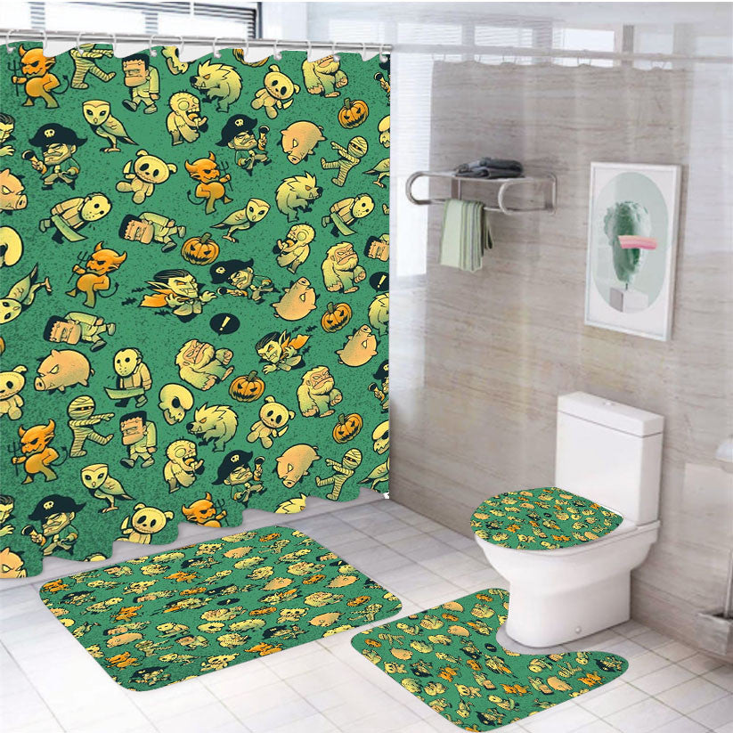 Terror Halloween Attack 4Pcs Bathroom Non-Slip Rugs Shower Curtain Fabric Waterproof