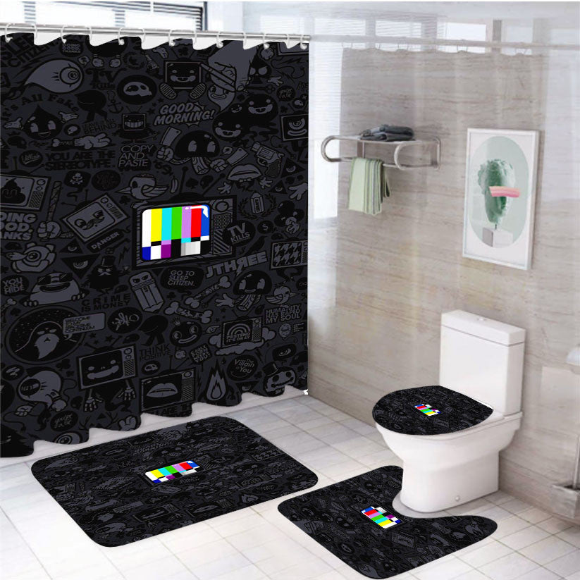 Test Pattern Logo Quotes 4Pcs Bathroom Non-Slip Rugs Shower Curtain Fabric Waterproof