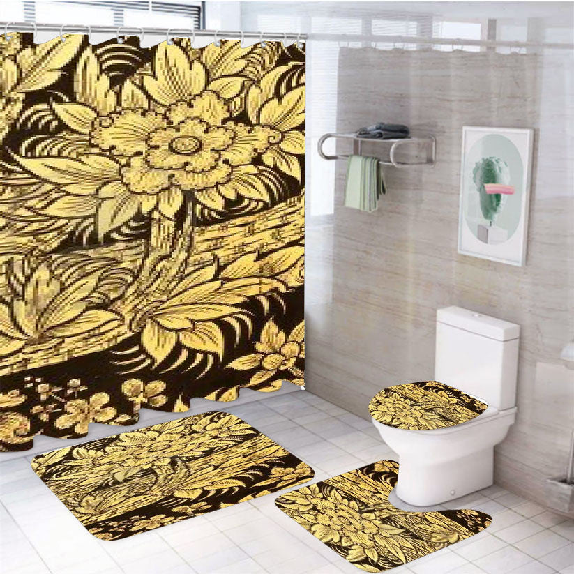 Thai Traditional Pattern 4Pcs Bathroom Non-Slip Rugs Shower Curtain Fabric Waterproof