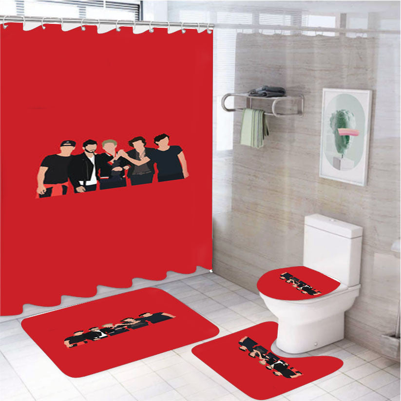 The 1D Crew 4Pcs Bathroom Non-Slip Rugs Shower Curtain Fabric Waterproof