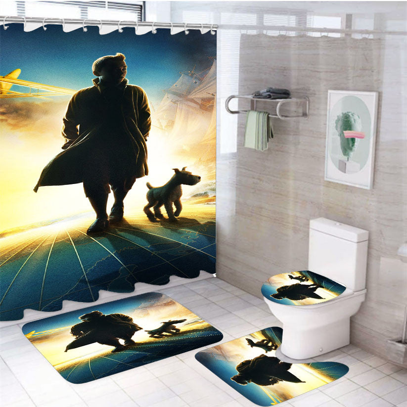 The Adventures Of Tintin 4Pcs Bathroom Non-Slip Rugs Shower Curtain Fabric Waterproof