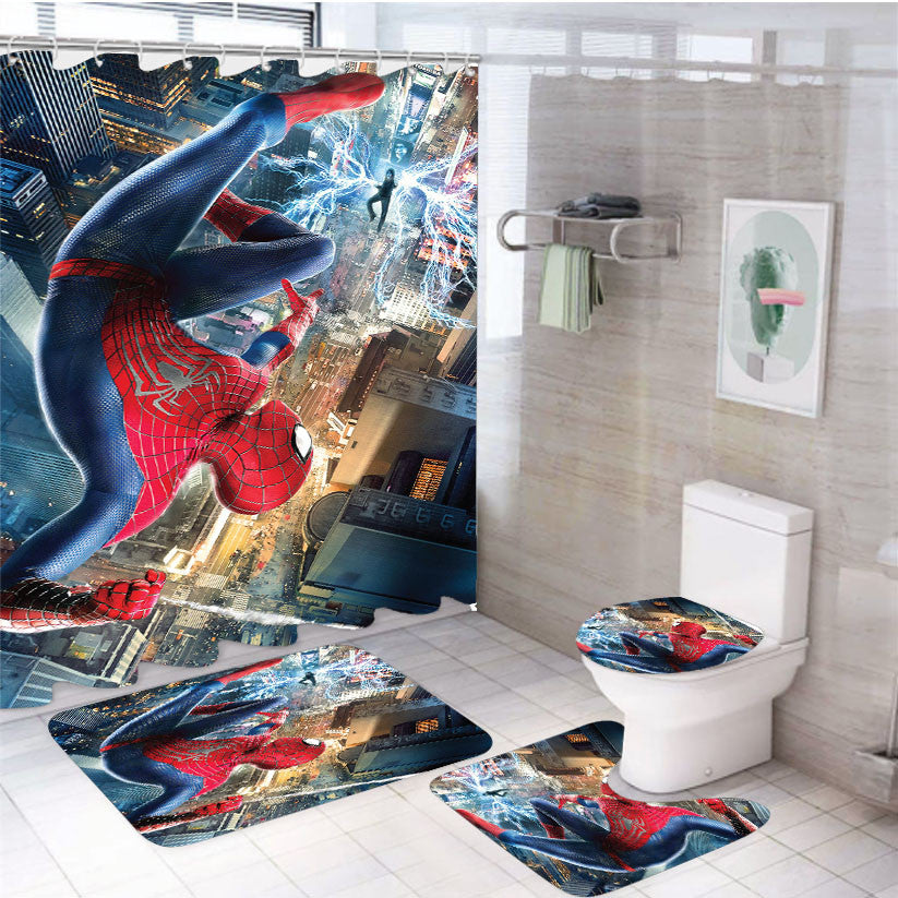 The Amazing Spiderman Poster 4Pcs Bathroom Non-Slip Rugs Shower Curtain Fabric Waterproof