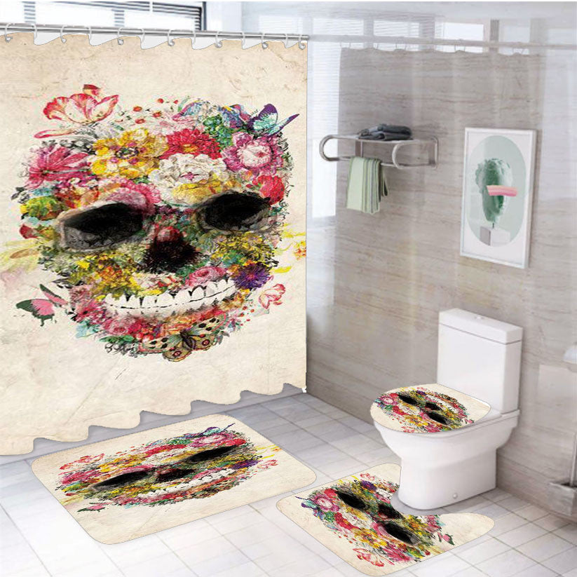 The Beautifull Flower Skull 4Pcs Bathroom Non-Slip Rugs Shower Curtain Fabric Waterproof