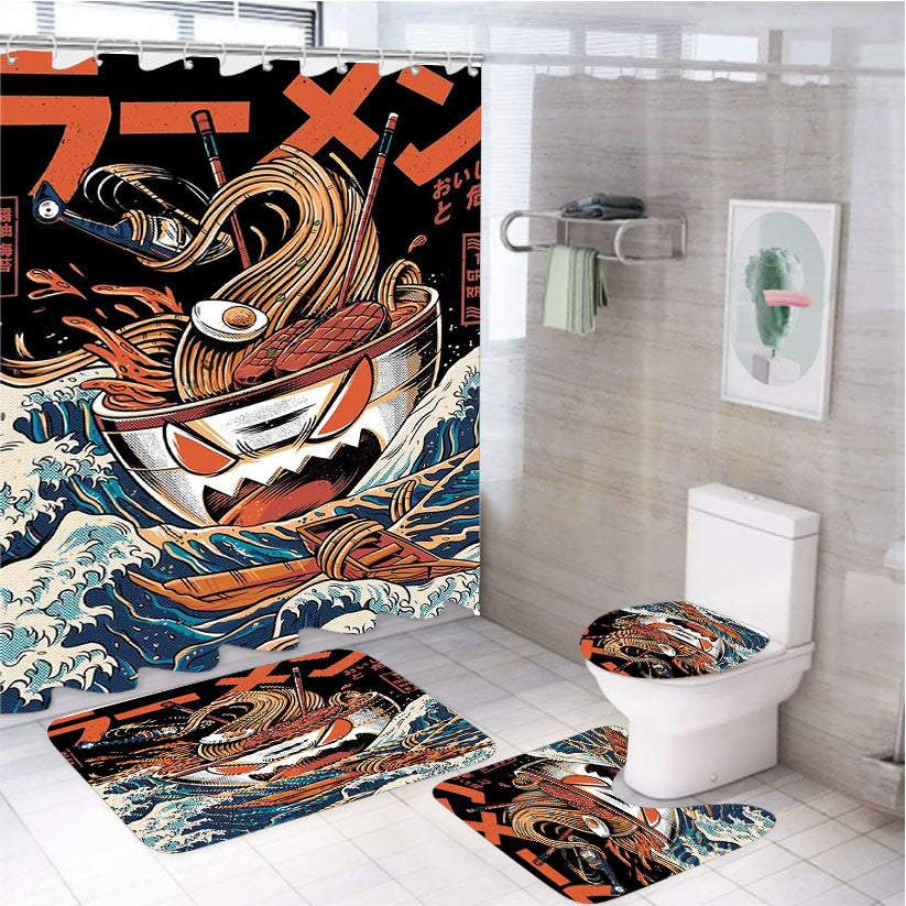 The Black Great Ramen 4Pcs Bathroom Non-Slip Rugs Shower Curtain Fabric Waterproof