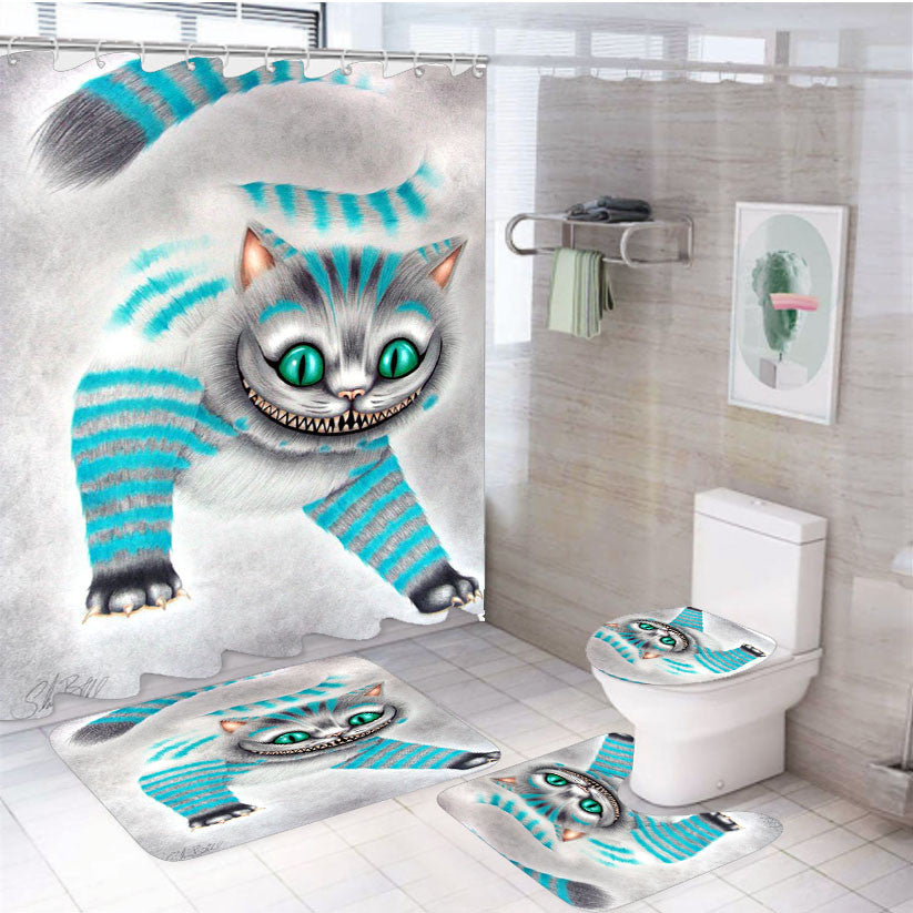 The Cheshire Cat 4Pcs Bathroom Non-Slip Rugs Shower Curtain Fabric Waterproof