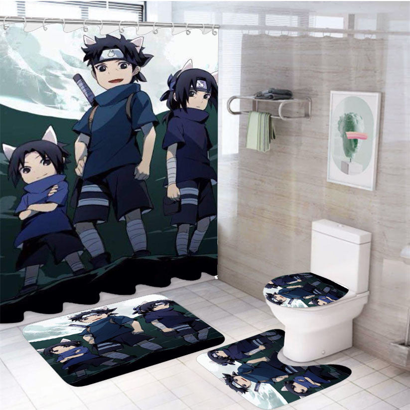 The Cute Uchiha Clan 4Pcs Bathroom Non-Slip Rugs Shower Curtain Fabric Waterproof