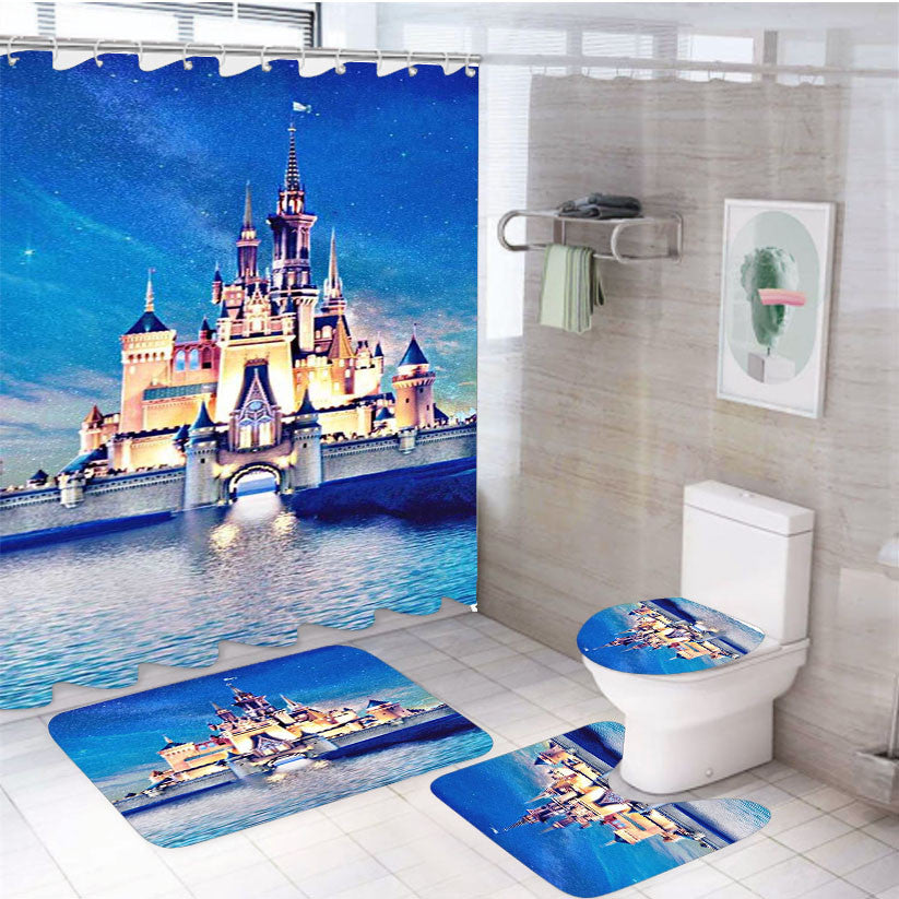 The Disney Land Castle 4Pcs Bathroom Non-Slip Rugs Shower Curtain Fabric Waterproof