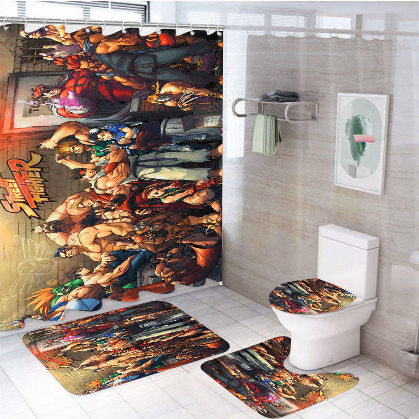 The Evolution Of Street Fighter 4Pcs Bathroom Non-Slip Rugs Shower Curtain Fabric Waterproof