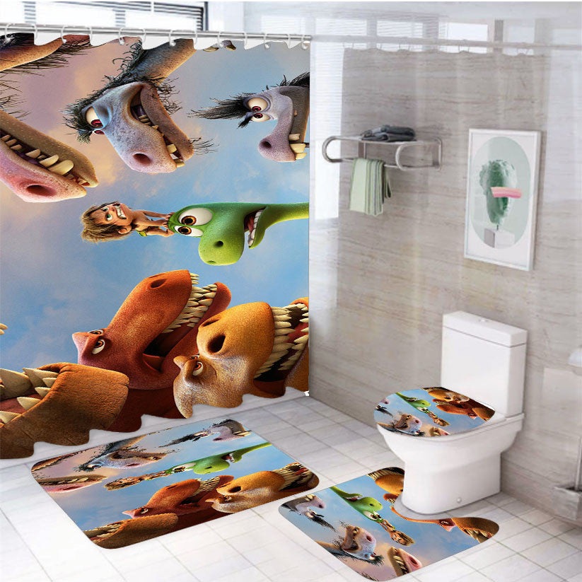 The God Dinosaur Playing In Fun 4Pcs Bathroom Non-Slip Rugs Shower Curtain Fabric Waterproof