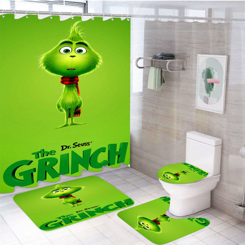 The Grinch Movie 4Pcs Bathroom Non-Slip Rugs Shower Curtain Fabric Waterproof