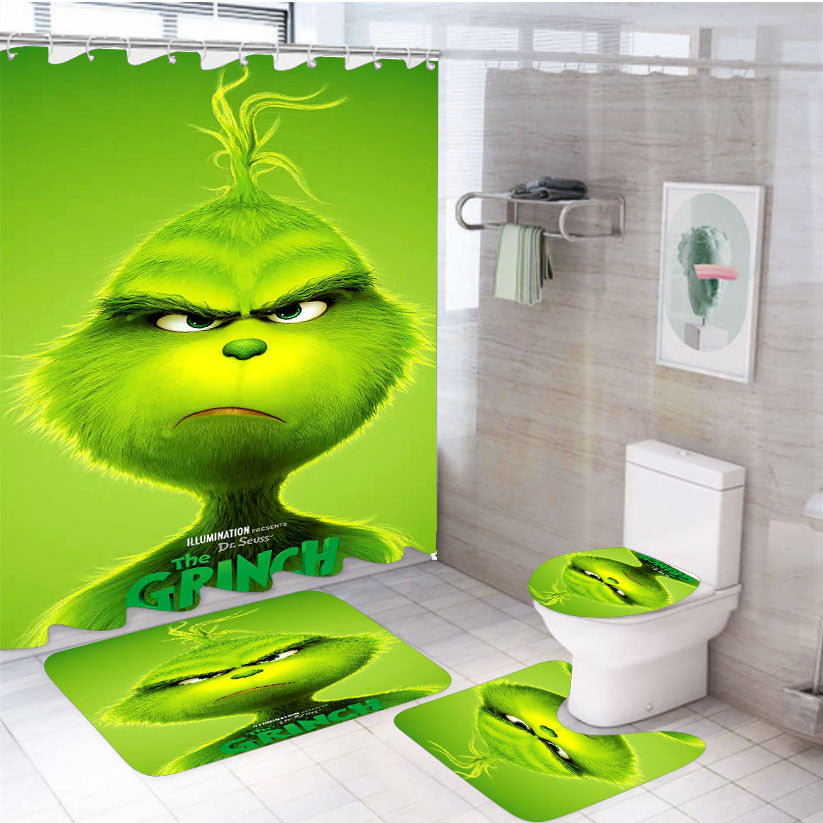 The Grinch Poster 4Pcs Bathroom Non-Slip Rugs Shower Curtain Fabric Waterproof
