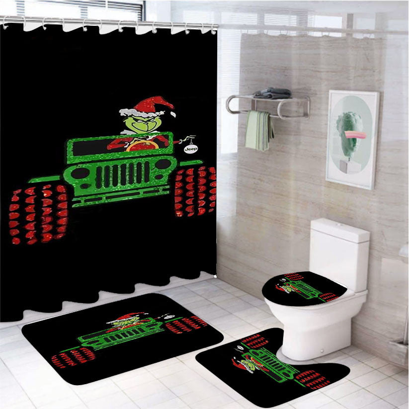 The Grinch Riding Jeep 4Pcs Bathroom Non-Slip Rugs Shower Curtain Fabric Waterproof