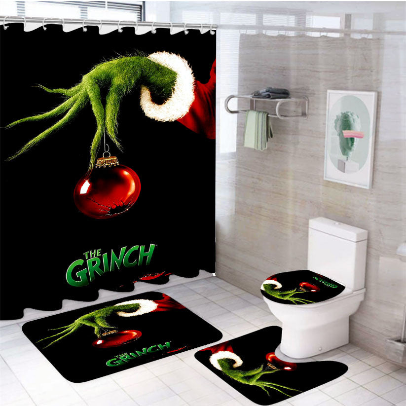 The Grinch Stole Christmas Movie Poster 4Pcs Bathroom Non-Slip Rugs Shower Curtain Fabric Waterproof