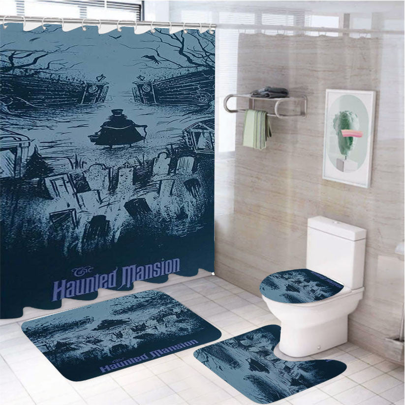 The Haunted Mansion Wizard 4Pcs Bathroom Non-Slip Rugs Shower Curtain Fabric Waterproof