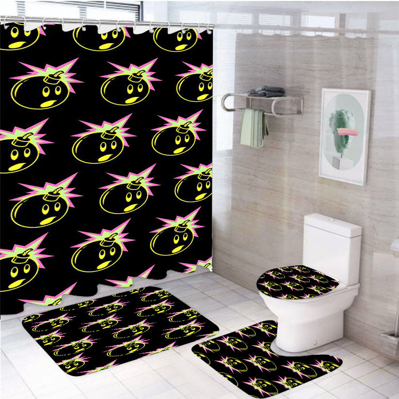 The Hundred Bomb Pattern 4Pcs Bathroom Non-Slip Rugs Shower Curtain Fabric Waterproof