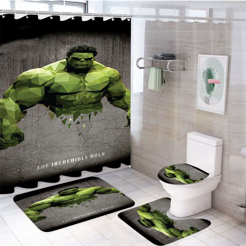 The Incredible Hulk Polygonal 4Pcs Bathroom Non-Slip Rugs Shower Curtain Fabric Waterproof