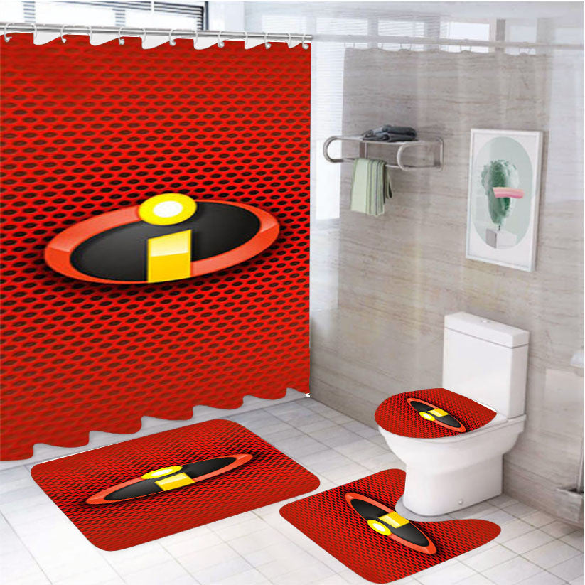 The Incredibles 2 Logo Red Carbon 4Pcs Bathroom Non-Slip Rugs Shower Curtain Fabric Waterproof