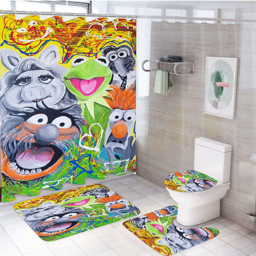 The Muppets Painting 4Pcs Bathroom Non-Slip Rugs Shower Curtain Fabric Waterproof