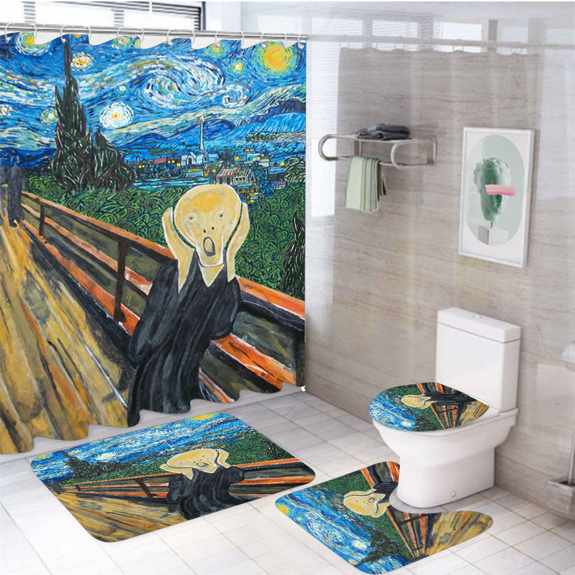 The Scream On A Starry Night 4Pcs Bathroom Non-Slip Rugs Shower Curtain Fabric Waterproof