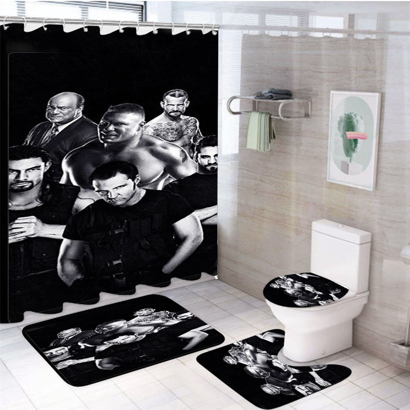 The Shield Black 4Pcs Bathroom Non-Slip Rugs Shower Curtain Fabric Waterproof