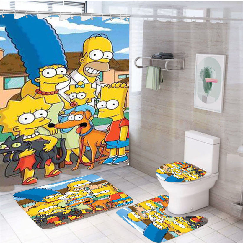 The Simpson 4Pcs Bathroom Non-Slip Rugs Shower Curtain Fabric Waterproof