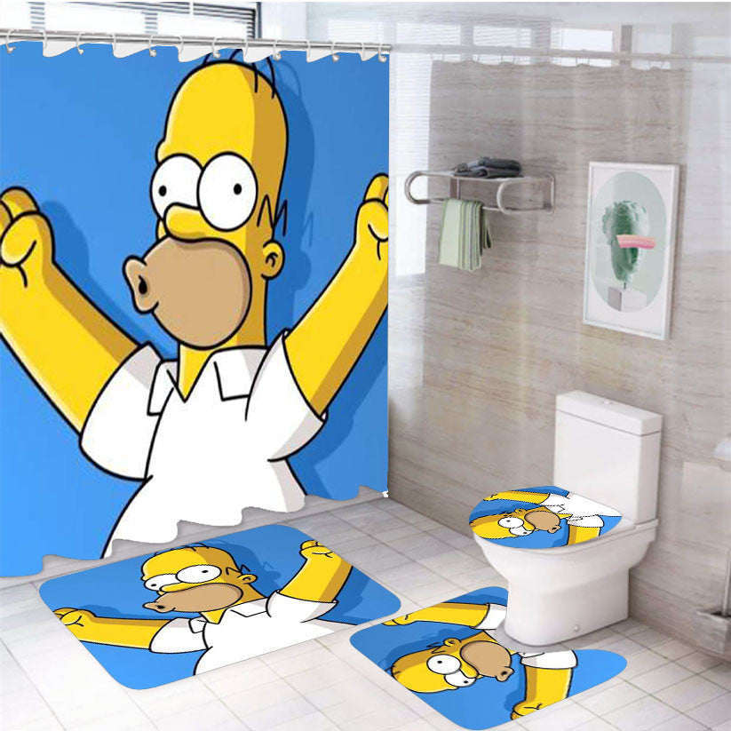 The Simpson Blue 4Pcs Bathroom Non-Slip Rugs Shower Curtain Fabric Waterproof