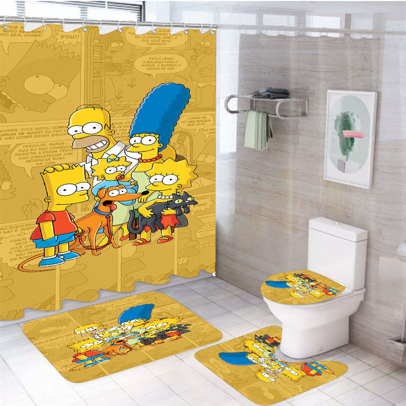 The Simpsons Family Comic 4Pcs Bathroom Non-Slip Rugs Shower Curtain Fabric Waterproof
