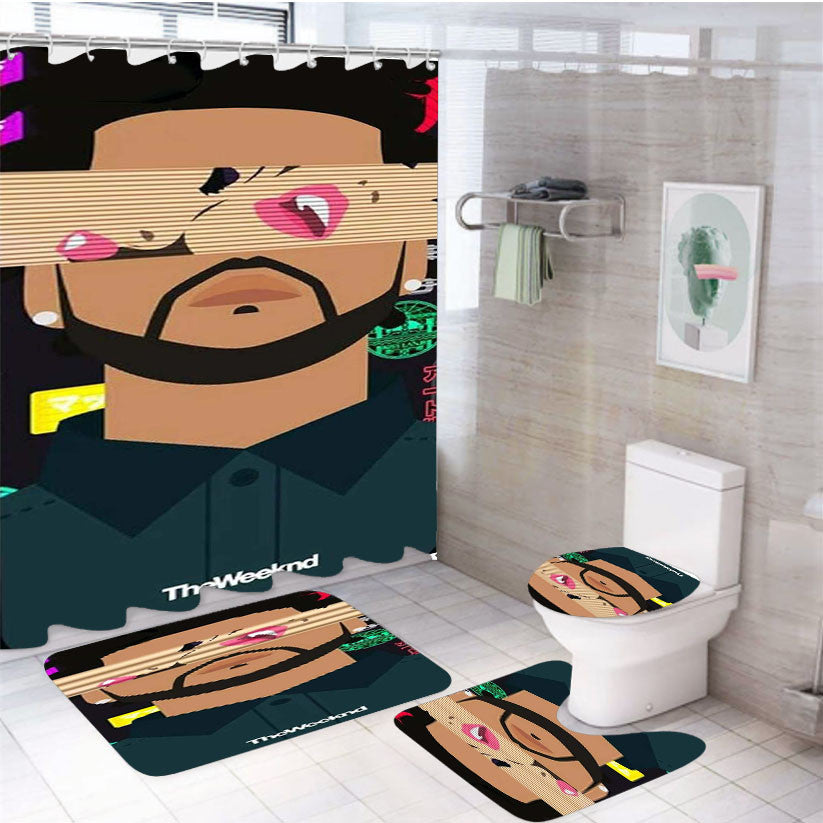 The Weeknd Xo Cartoon 4Pcs Bathroom Non-Slip Rugs Shower Curtain Fabric Waterproof