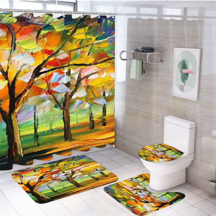Three Art Disney 4Pcs Bathroom Non-Slip Rugs Shower Curtain Fabric Waterproof