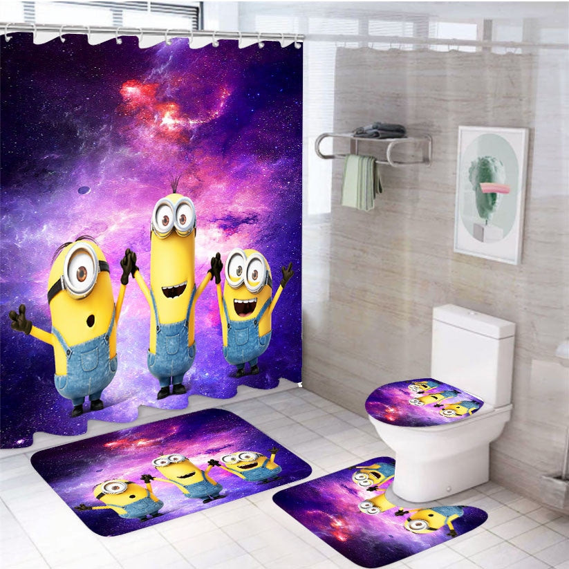 Three Minion Galaxy 4Pcs Bathroom Non-Slip Rugs Shower Curtain Fabric Waterproof