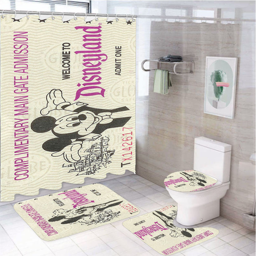 Ticket Disneyland 4Pcs Bathroom Non-Slip Rugs Shower Curtain Fabric Waterproof