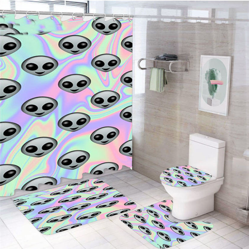 Tie Dye Alien Emoji 4Pcs Bathroom Non-Slip Rugs Shower Curtain Fabric Waterproof